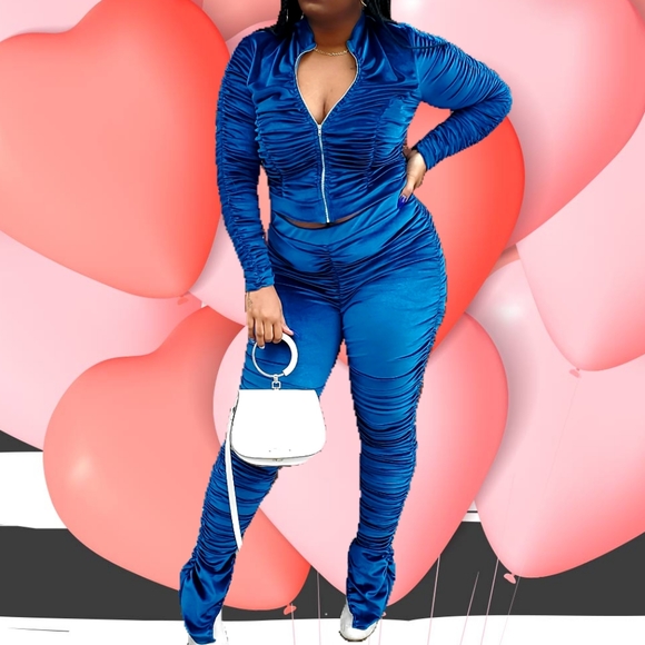 Cozy Rouched Colbat Blue Longsleeve Pants Set - Picture 4 of 6